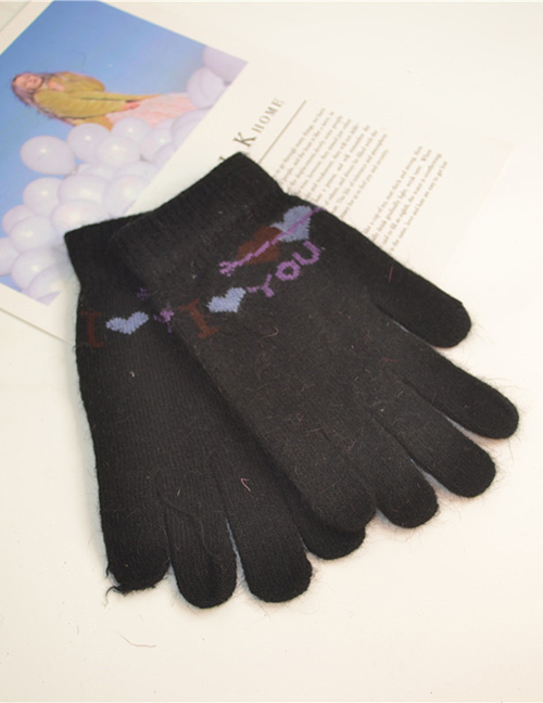 Fashion I Love You-black One Heart Piercing Letter Wool And Velvet Knit Gloves