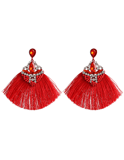 Fashion Red Geometric Hollow Diamond Beads Tassel Earrings