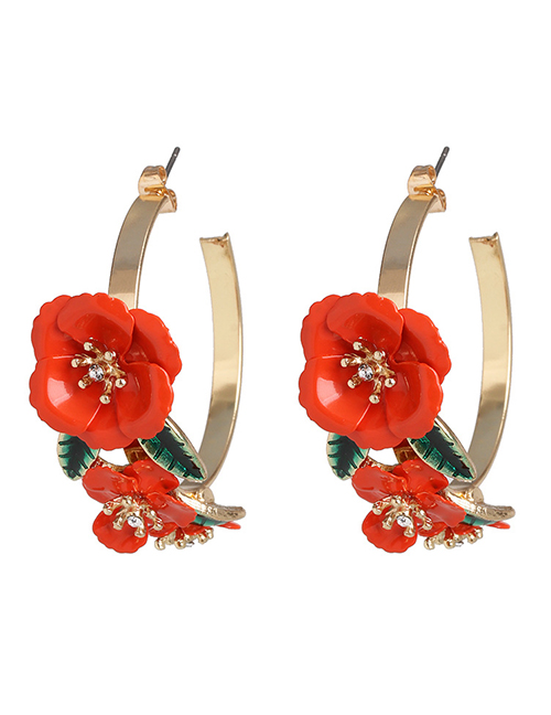 Fashion Red C-shaped Iron Flower Earrings