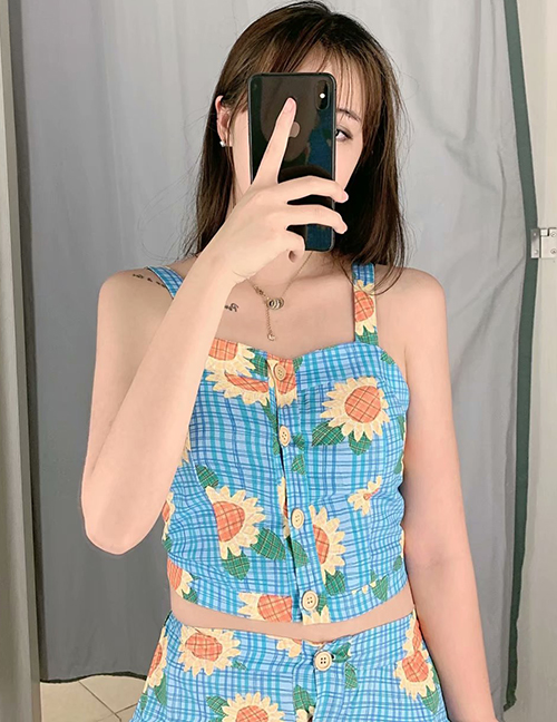 Fashion Blue Sun Flower Print Sling Single-breasted Vest