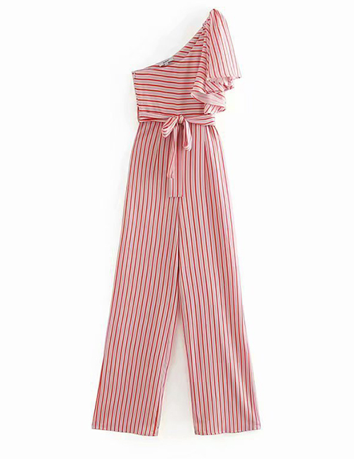 Fashion Pink Striped Word Collar Shoulder Piece Wide Leg Pants