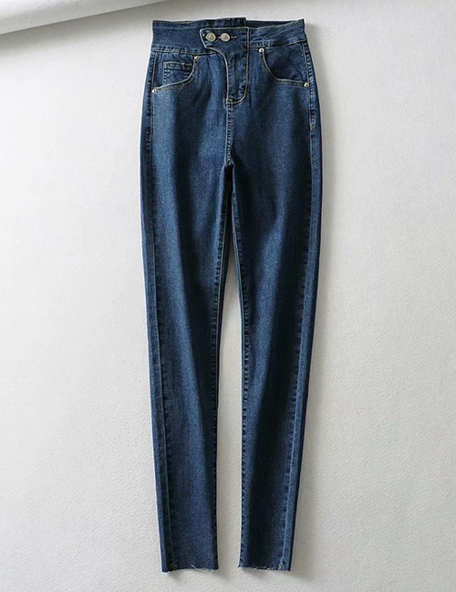 Fashion Blue Washed 2 Buttons With Irregular Raw Jeans