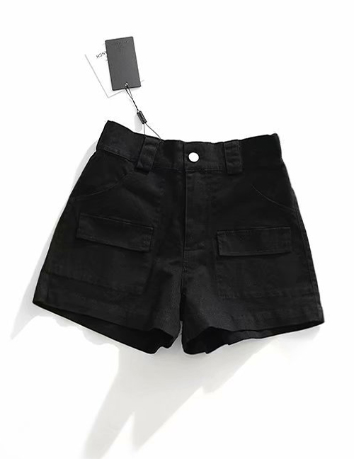 Fashion Black Washed Elastic Waist Elastic Tooling Shorts