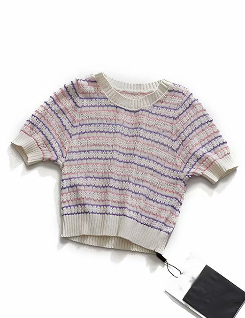 Fashion Pink Purple Jacquard Openwork Knit Short-sleeved T-shirt