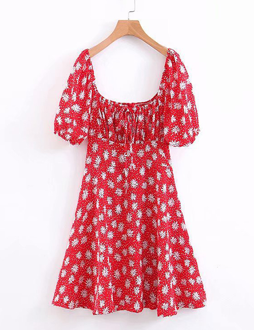 Fashion Red Floral Print Lace Dress