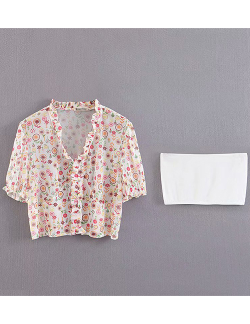 Fashion Pink Printed Fungus Collar Small Tube Top Two-piece Shirt