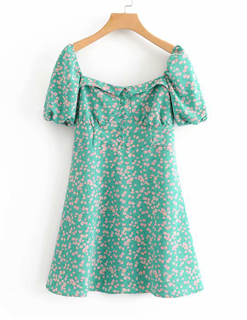 Fashion Green Printed Short-sleeved Square-neck Dress