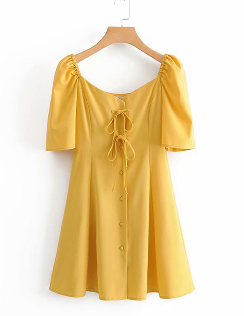 Fashion Yellow Lace-up Button Single-breasted Dress