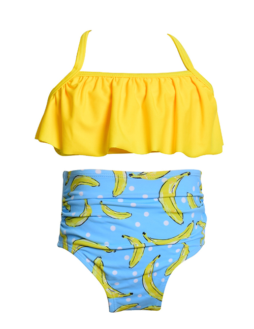Fashion Yellow Banana Printed Ruffled Hanging Neck Children's Swimsuit