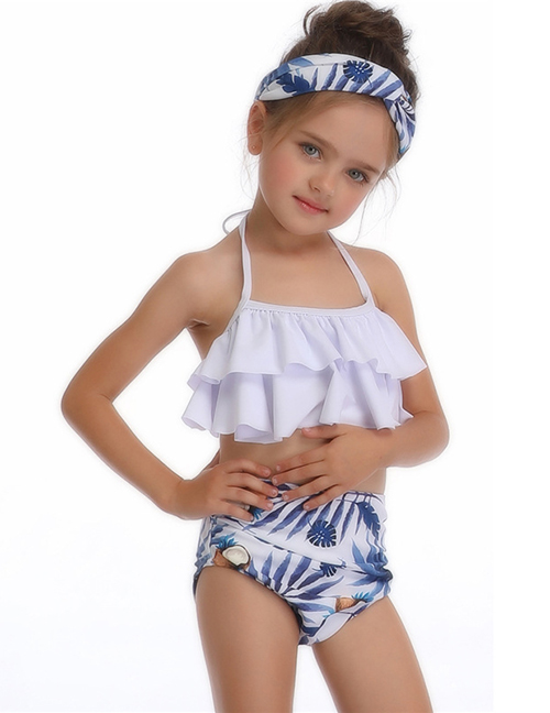Fashion White On Blue Printed Ruffled Hanging Neck Children's Swimsuit