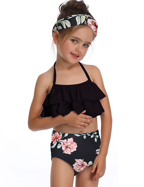 Fashion Flower On Black Printed Ruffled Hanging Neck Children's Swimsuit