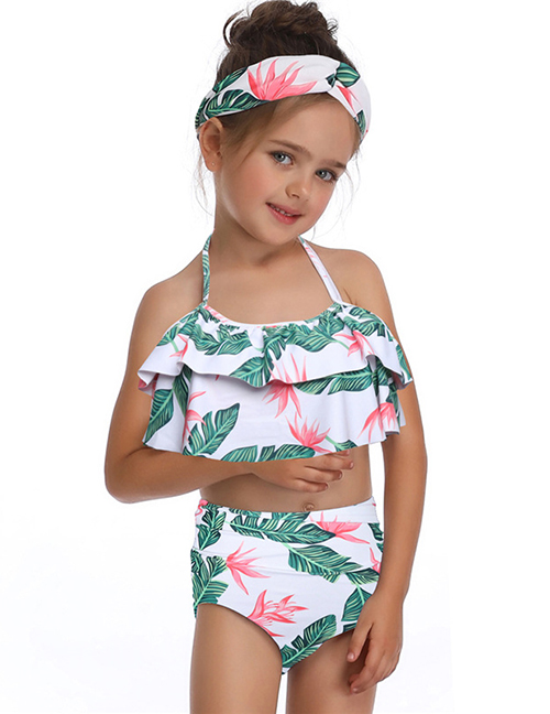 Fashion Green Print Printed Ruffled Hanging Neck Children's Swimsuit