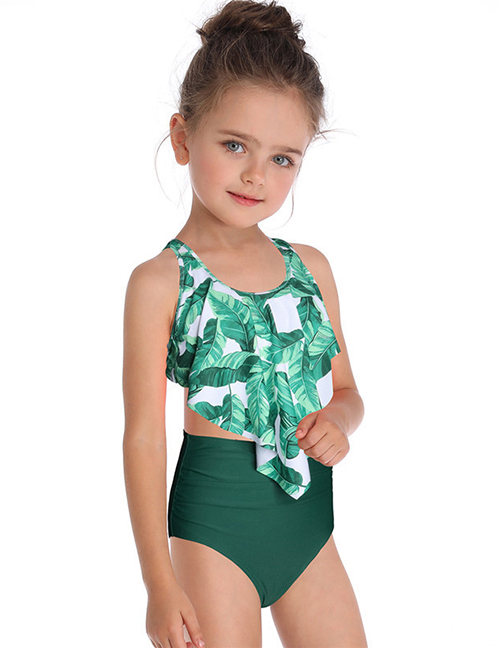 Fashion Flower Under Green Double Flashing Print Children's Swimsuit