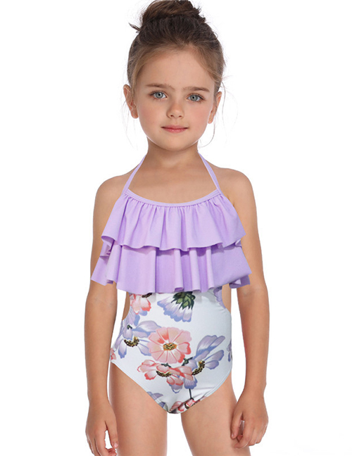 Fashion Purple Double Flashing Print Children's Swimsuit