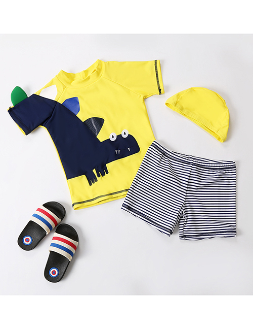Fashion Yellow + Stripes Dinosaur Pattern Children's Split Swimsuit