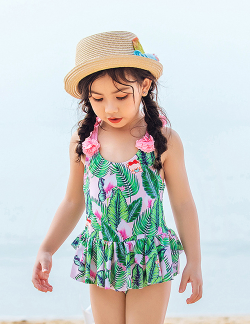 Fashion Green Plant Print Children's One-piece Swimsuit To Send Swimming Cap
