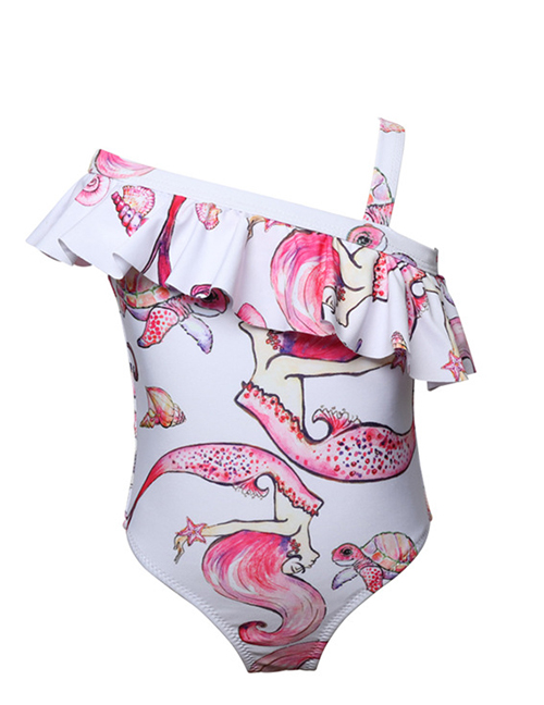Fashion White Mermaid Print Oblique Shoulder Children's One-piece Swimsuit