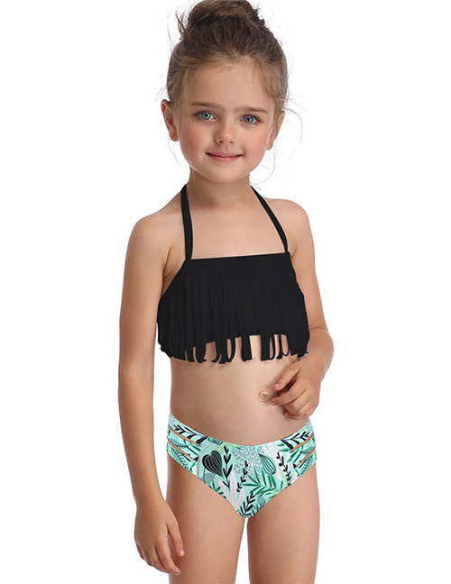 Fashion Black Tassel Fringed Hanging Neck Children's Split Swimsuit