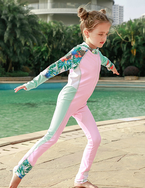 Fashion Pink Girl Colorblock Printed Children's One-piece Swimsuit