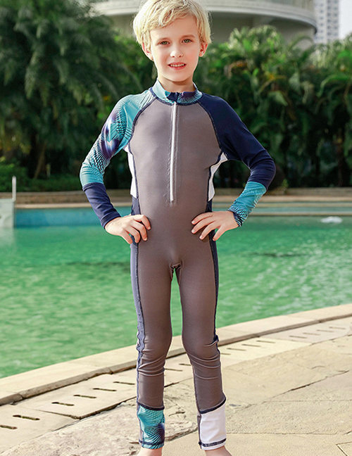 Fashion Gray Boy Colorblock Printed Children's One-piece Swimsuit