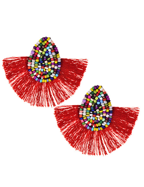 Fashion Red Alloy Non-woven Beads Tassel Earrings