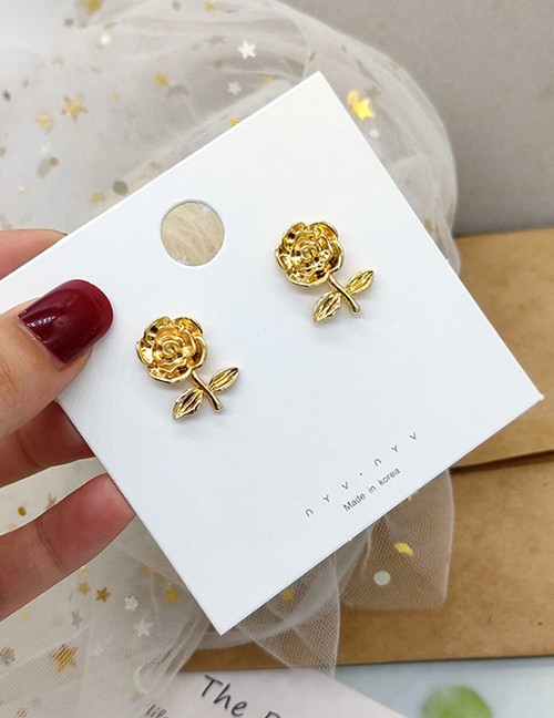 Fashion Golden Flowers Matte Gold Three-dimensional Carved Rose Earrings