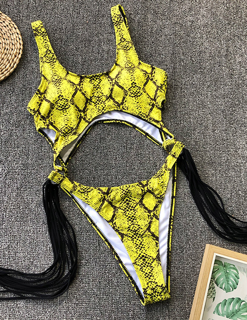 Fashion Yellow Snake Pattern Hollow Steel Ring Tassel One-piece Swimsuit