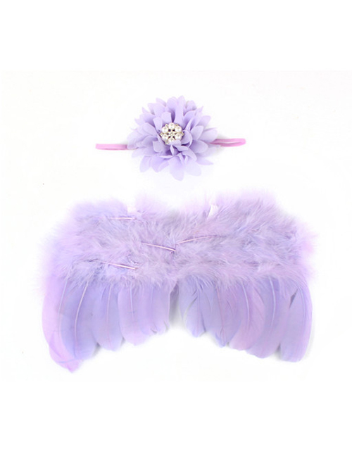 Fashion Purple Feather Angel Wings Chiffon Flower Diamond Baby Headband Set