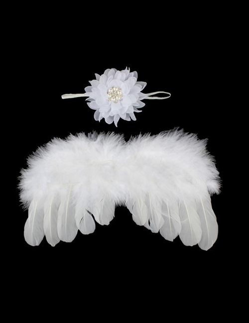 Fashion White Feather Angel Wings Chiffon Flower Diamond Baby Headband Set