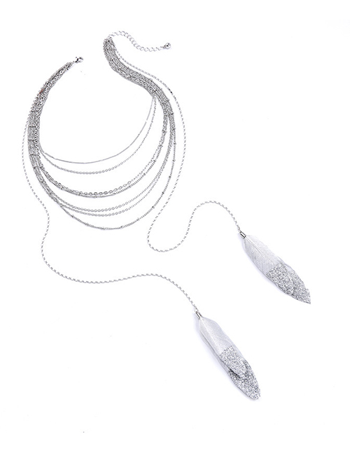 Fashion Silver Multilayer Feather Pendant Necklace