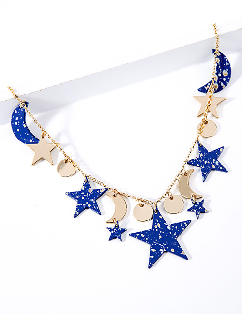 Fashion Blue Five-pointed Star Star Moon Necklace