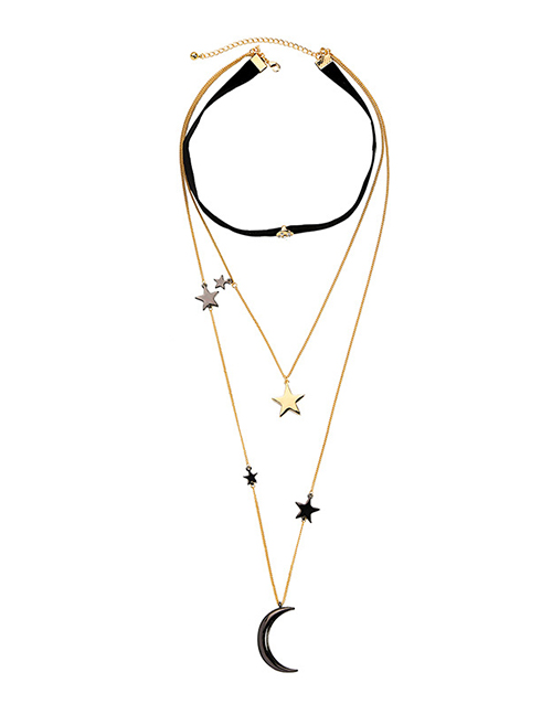 Fashion Black Multi-layered Star Moon Pendant Necklace