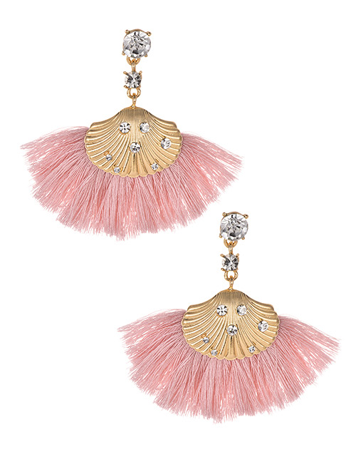 Fashion Leather Pink Alloy Studded Shell Tassel Earrings