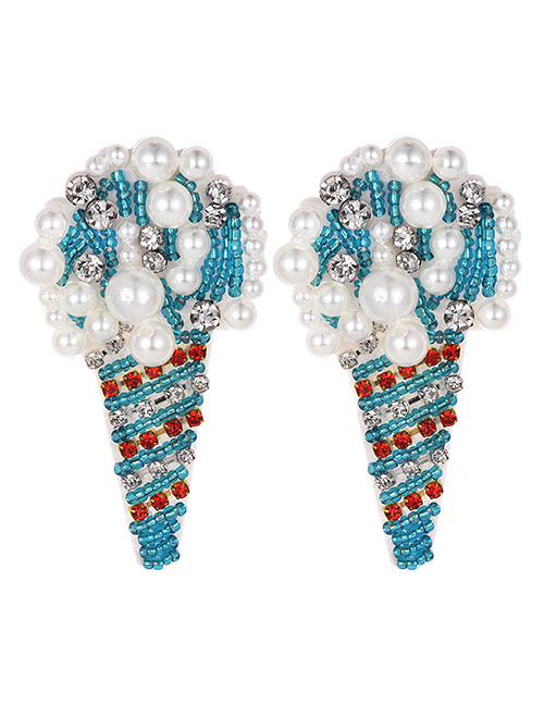 Fashion Blue Felt Cloth Rice Beads With Diamond Pearl Ice Cream Earrings