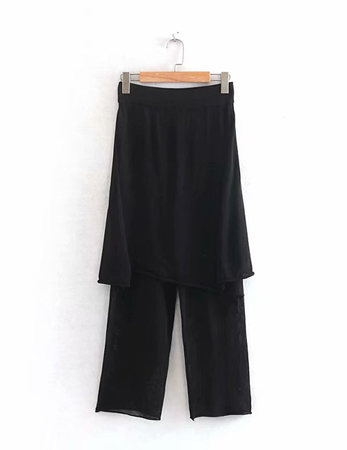Fashion Black Pure Linen Split Culottes Trousers