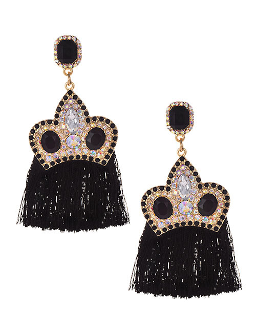 Fashion Black Alloy Diamond Crown Tassel Earrings
