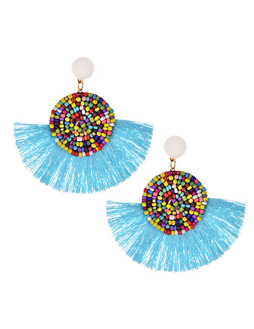 Fashion Blue Alloy Rice Beads Tassel Earrings