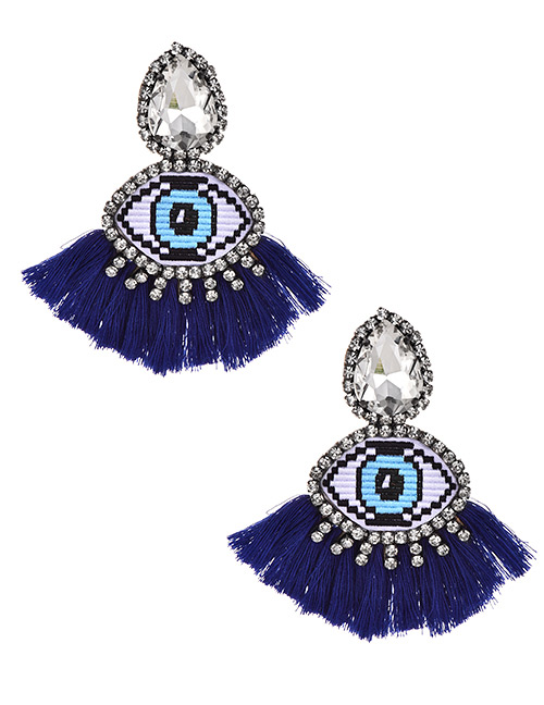 Fashion Put Blue Alloy Rhinestone Eye Tassel Earrings