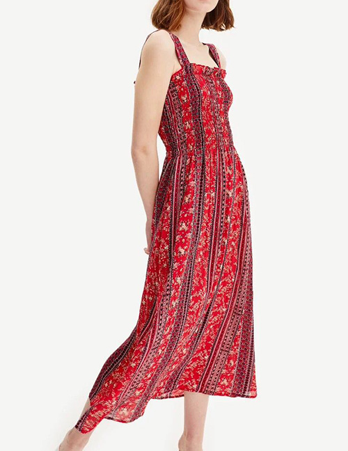 Fashion Red Contrast Printed Strap Dress