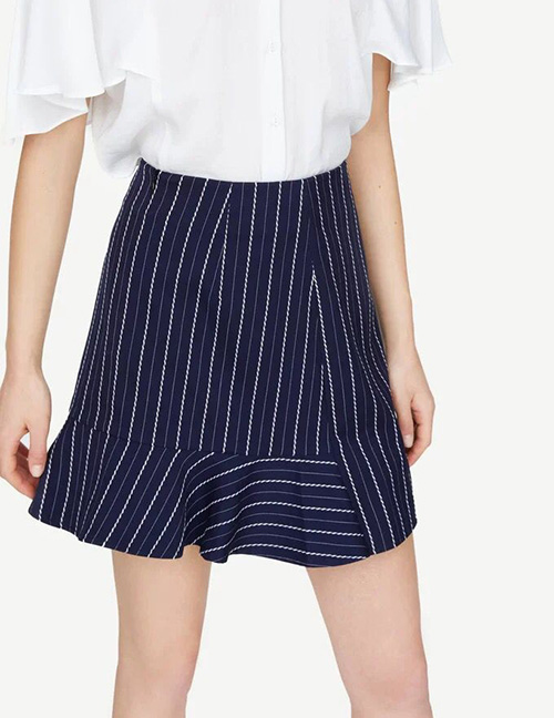 Fashion Navy Asymmetrical Stitching Stripe A-type Skirt