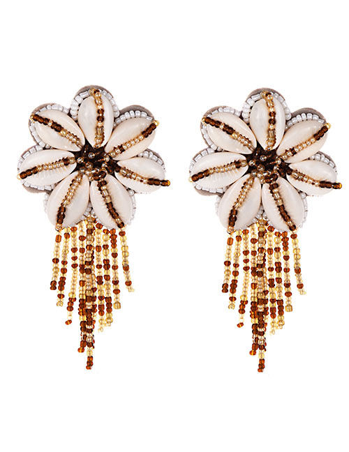 Fashion Brown Alloy Resin Rice Beads Flower Tassel Earrings