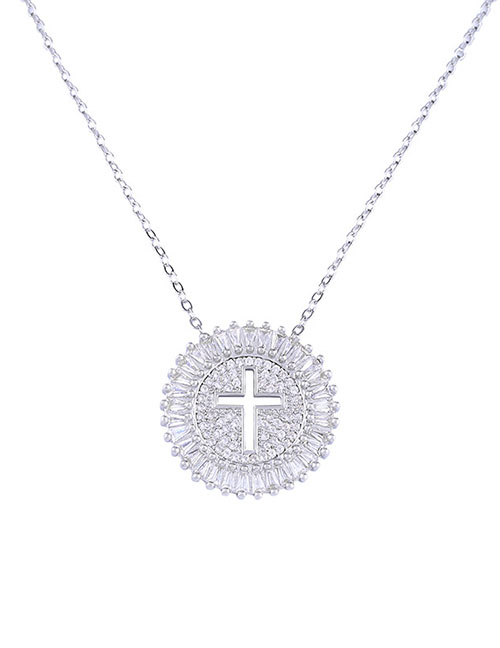 Fashion Silver Full Drill Hollow Cross Zircon Copper Plated Necklace