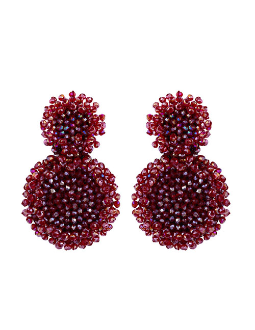 Fashion Wine Red Crystal Rice Beads Woven Stitched Earrings