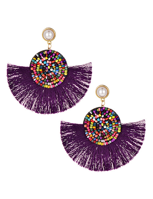 Fashion Purple Alloy Beaded Pearl Tassel Stud Earrings