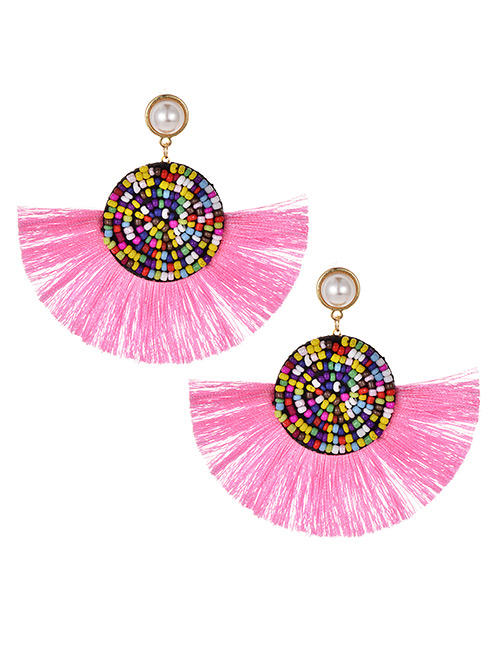 Fashion Pink Alloy Beaded Pearl Tassel Stud Earrings