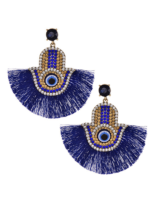 Fashion Blue Alloy Diamondd Palm Eyes Tassel Earrings