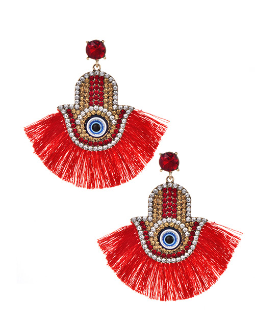 Fashion Red Alloy Diamondd Palm Eyes Tassel Earrings