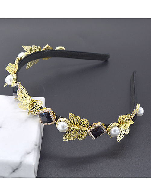 Fashion Black Three-dimensional Butterfly Diamond Crystal Pearl Headband