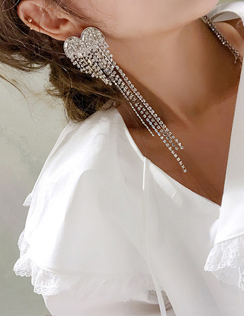 Fashion Silver One Diamond-studded Tassel Earrings