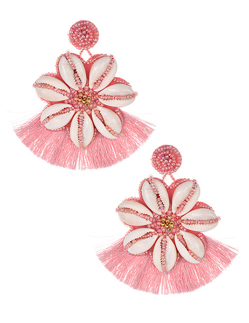 Fashion Pink Rice Beads Shell Flower Tassel Earrings